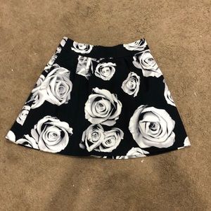Black and white rose floral midi skirt